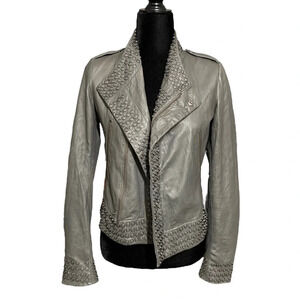 KENNA-T Women’s Biker Moto Jacket Gray Soft Leather Ring Accent Studded Size XS